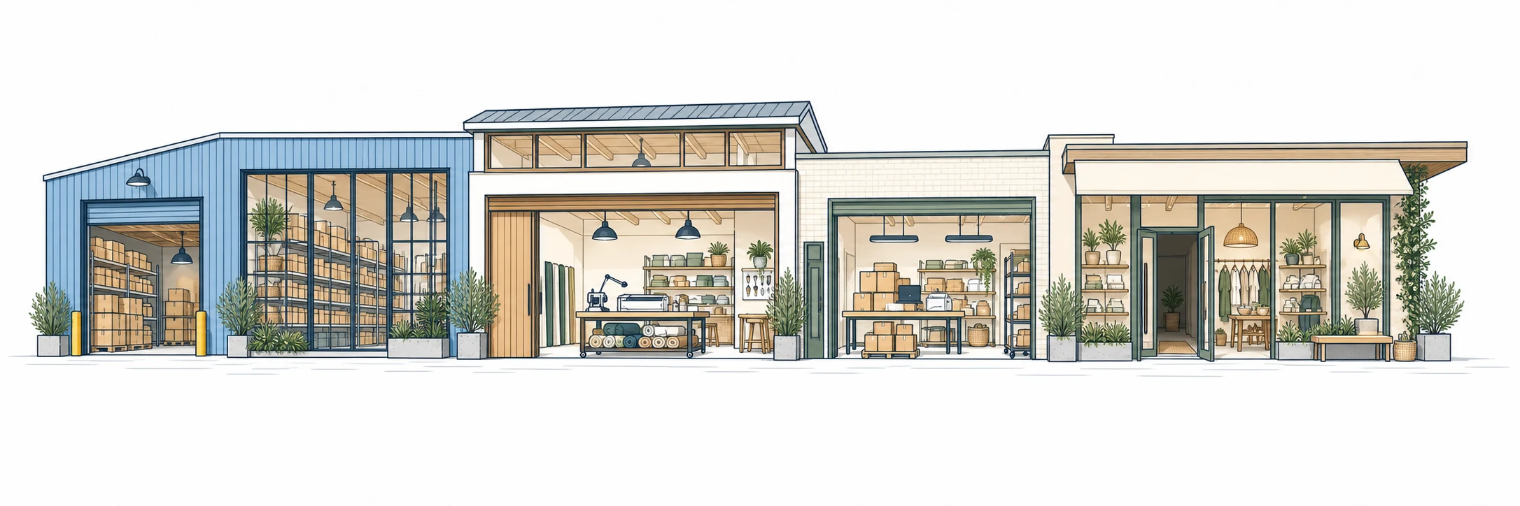 A welcoming independent store: timber workshop, busy packing room, blue warehouse and plant-filled boutique.
